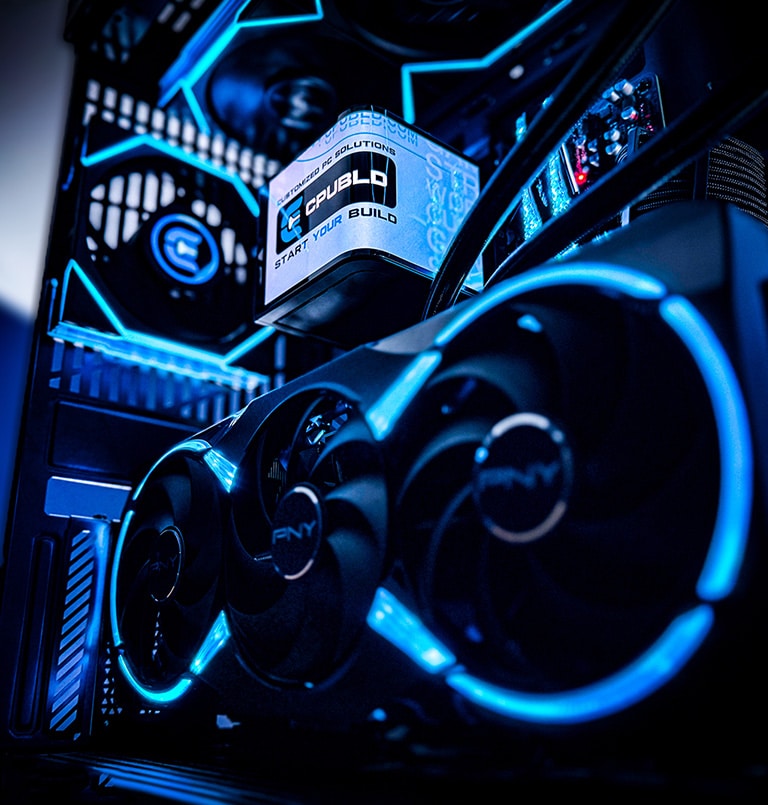 Custom gaming PC built by CPUBLD in Jersey City, NJ, showcasing a PNY graphics card and blue LED lighting for high-performance builds.