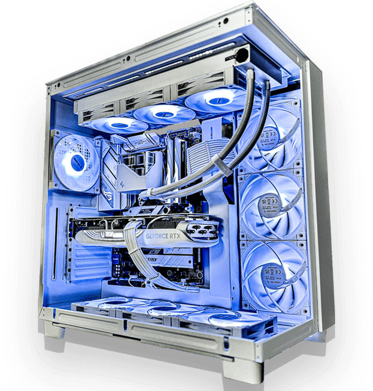 Custom-built white gaming PC with liquid cooling and RGB fans, hand-assembled by CPUBLD